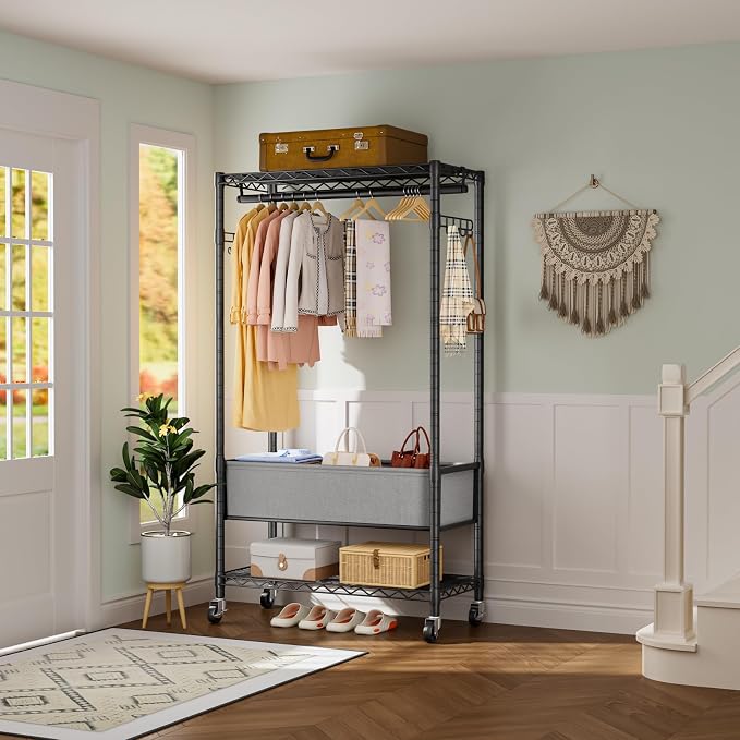 Heavy Duty Clothes Rack Rolling Garment Rack,3 Tier Adjustable Wire Shelving Clothing Racks for Hanging Clothes with Double Rods&Side Hooks,Freestanding Wardrobe Storage Rack Metal Portable Closet