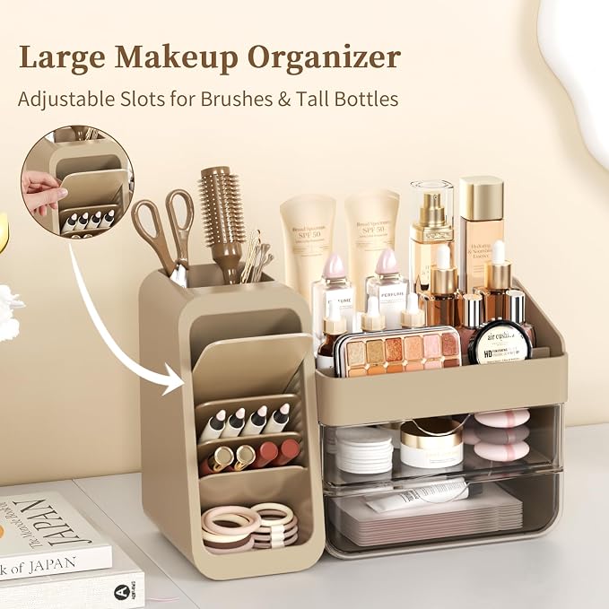 Makeup Organizer Countertop with DIY Adjustable Brush Holder for Vanity | Thickened Material, Large Bathroom Organizer Skincare Storage for Perfume, Lipstick, Nail Polish, Eyeshadow Palettes, Brown