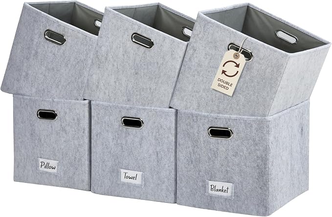 DECOMOMO Felt Storage Bins, 13 inch Cube Storage Bin with Labels | 6 Pack Storage Baskets for Shelves, Kallax ( Light Grey)