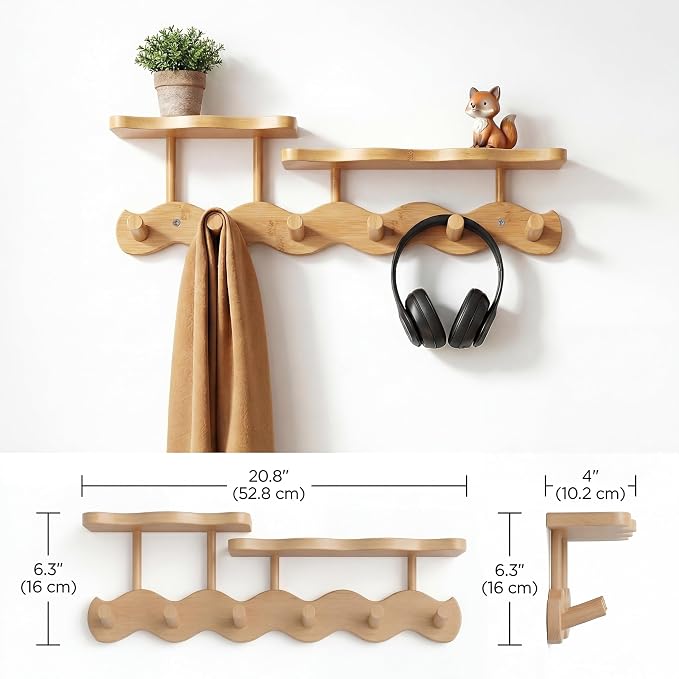 Wave-Shaped Bamboo Coat Rack Wall Mount with Shelf - Modern 6-Hook Rack | Modern Sculptural Wave Decor, Organic Wood Wall Organizer with Storage Shelf, Eco-Friendly Coat Rack for Hanging Bags, Keys