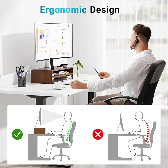 BONTEC Wood Monitor Stand Riser, 2-Tier Desktop Organizer | Ergonomic Computer Stand for Desk, Cable Management, Cellphone Holder, 21.3 Inch Shelf, Walnut