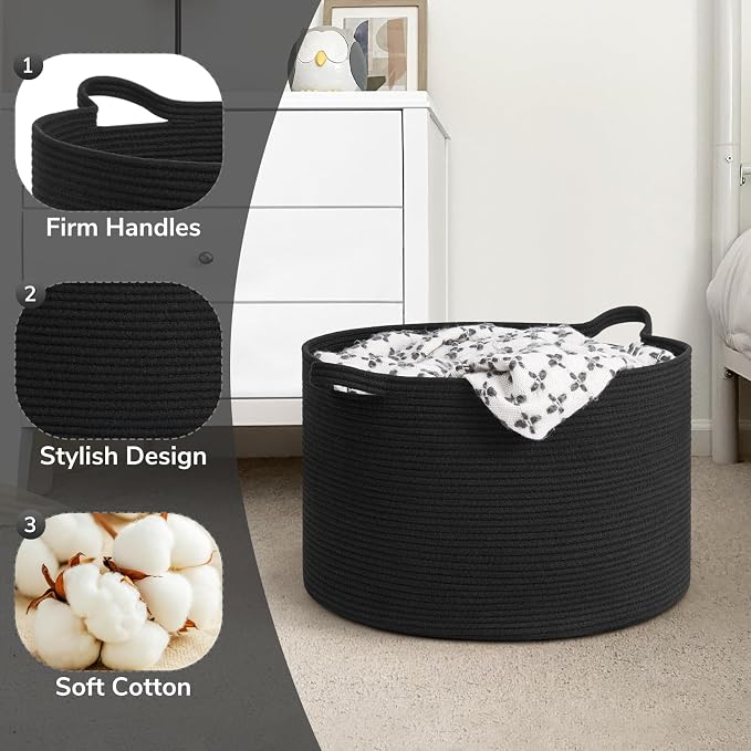 Goodpick 65L Large Woven Rope Basket for Blankets Living Room, 65L | 19.7 x 19.7 x 12.6 In Woven Basket for Storage, Kids Toy Storage for Playroom, Laundry Basket for Towels,Black