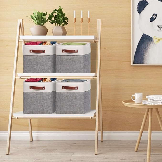 Univivi 10.5 Inch Fabric Cube Bins with Hard Bottom, 4 Pack Storage Baskets with PU Handles for Shelves Closet Foldable Storage Bins for Organizing (Gray,10.5" x 10.5" x 11") | Hard Cardboard Bottom,Metal Frame,PU Handles,Foldable,Linen Closet Baskets ...