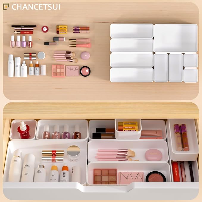 White Desk Drawer Organizer Trays: 9PC Shallow Vanity Bathroom Organizers | cosmetic short office plastic stackable storage quality makeup dorm kitchen