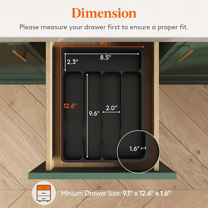 Lifewit Silverware Drawer Organizer Tray, Plastic Cutlery Storage for Kitchen, Flatware and Utensil Holder Divider for Spoons Forks Knives Tableware, 9.1 x 12.6", 5 Slots, Black