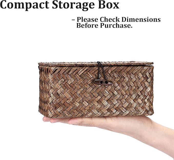 Small Wicker Basket with Lid, Handwoven Seagrass Organizer | Wicker Shelf Basket Rectangular Multipurpose Desktop Organizer Bin for Key, Remote Control, 7.0" x 4.3" x 3.3"