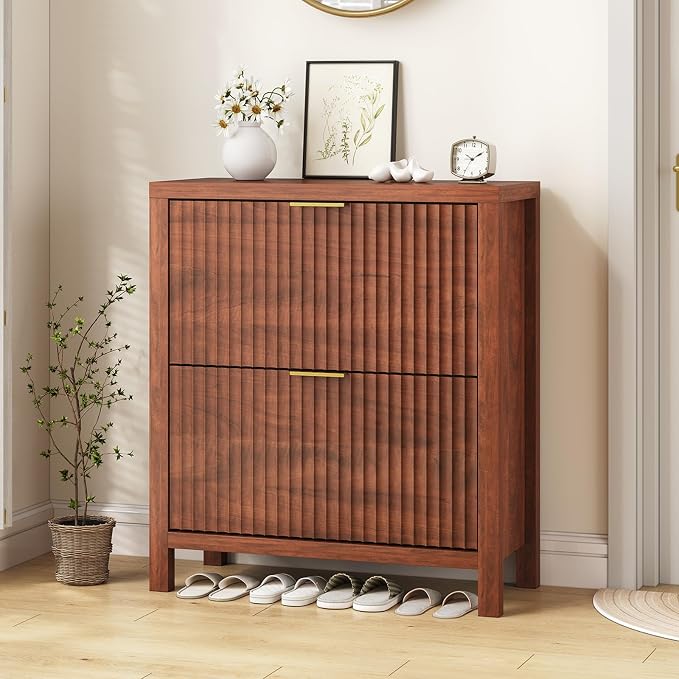 Fluted Shoe Cabinet Storage with 2 Flip Drawers for Entryway, Hallway | Narrow Shoe Rack Freestanding Shoe Organizer with Legs for Entryway，Hallway, Red Walnut