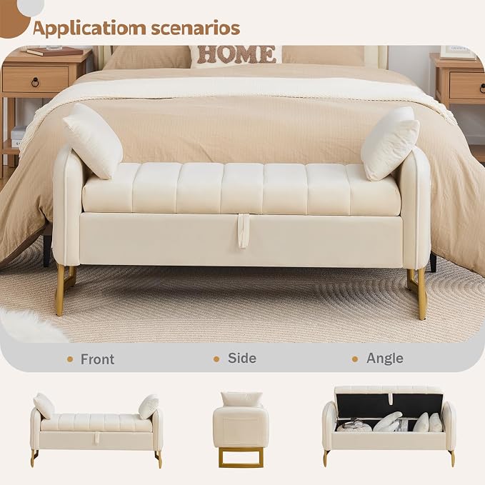 End of Bed Storage Bench, 51'' Velvet Storage Benches for Queen Size Bedroom Foot of Bed, Storage Ottoman Bench with Golden Legs and Pillow for Living Room Window Entryway, Cream