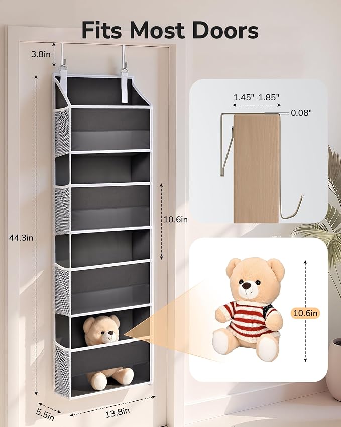 ULG 1 Pack Small Over Door Organizer with 4 Large Pockets 8 Mesh Side Pockets, Hanging Storage Organizer with Clear Window Kids Toys Deep Gray