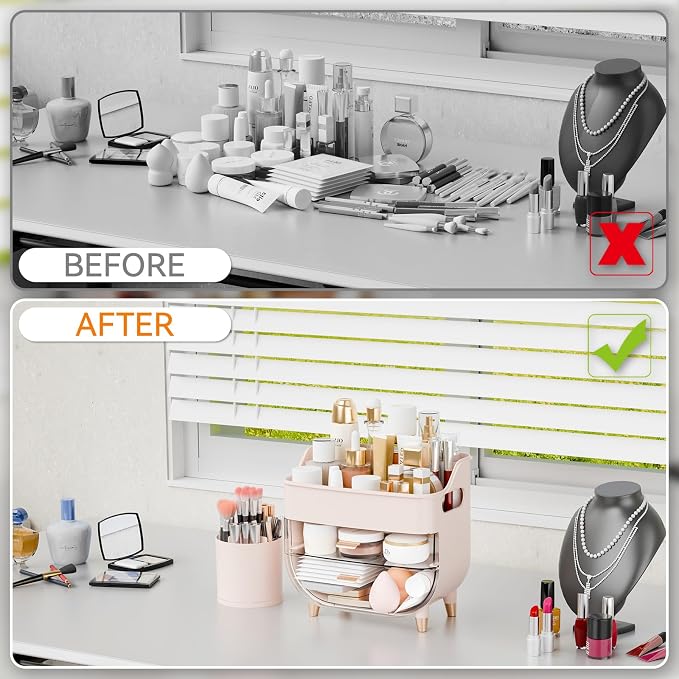 Pink Make up Organizer for Countertop,Vanity,Large Capacity Bathroom Makeup Skincare Organizers With Brush Holder,Makeup Storage Organizer for Lotion,Beauty Products,Skin Care,Makeup Display