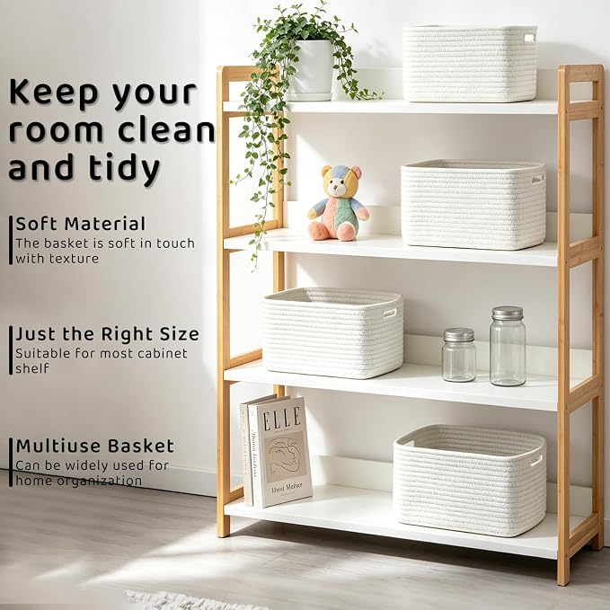 4 Pack Storage Baskets for Organizing, 11''Lx9''Wx8''H Woven Baskets for Storage Toys, Towels, Books, and Clothes, Cotton Rope Basket for Shelves with Handle