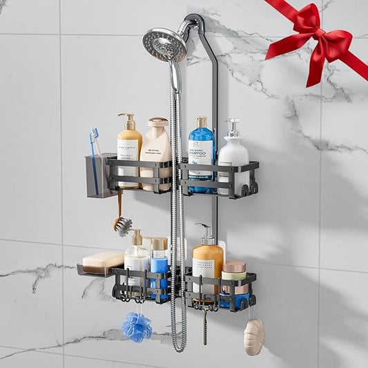GAOKASE Aluminum Shower Caddy Hanging, Never Rust Shower Organizer | 4 Levels with adjustable Height 10 Hooks for Razor/Sponge - Rack with Soap Basket (Black-1)
