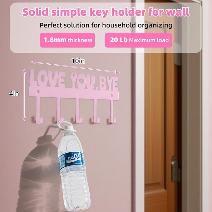 Adhesive Key Hanger Rack, Pink, 10x4 Inch | 5-Hook, Wall Mount Organizer, No Drill Easy Install, For Home Entryway
