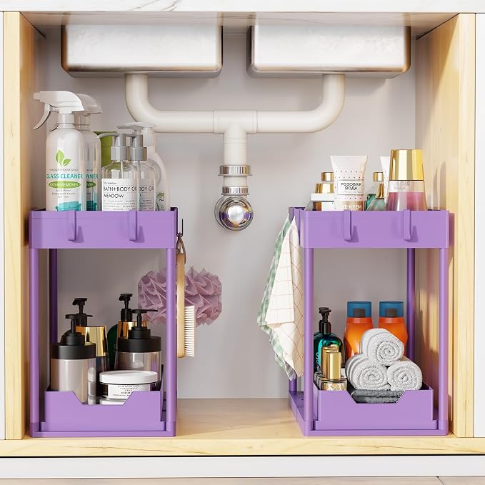 Simple Trending Under Sink Organizer 2 Pack, Sink Pull-Out Sliding Storage Cabinet, 2-Tier Under Shelf Organizer for Kitchen Bathroom, Purple