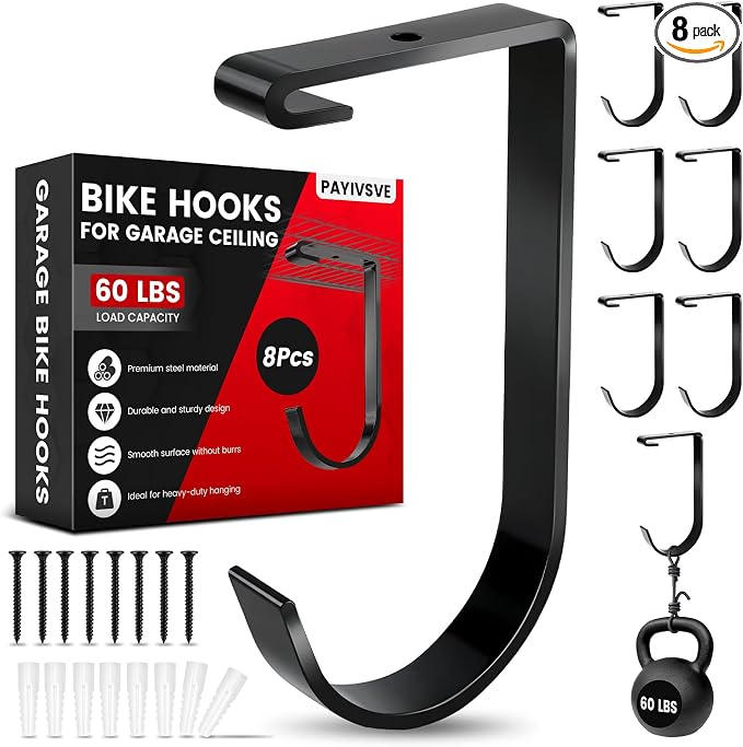 Bike Hooks for Garage Ceiling Mount Rack, Add on Storage Flat Hook, 8 Pack | Anti-Rust Overhead Garage Hooks for Wall Shelving, 60lbs Load Capacity, Tool-Free Installation