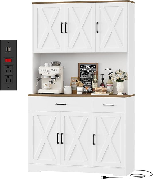 HOSTACK 71"H Kitchen Pantry Storage Cabinet, Farmhouse Hutch Cabinet, White | Space-Saving Pantry Cabinet with Charging Station & 2 Large Drawers & Adjustable Shelves, Tall Kitchen Hutch for Dining Room