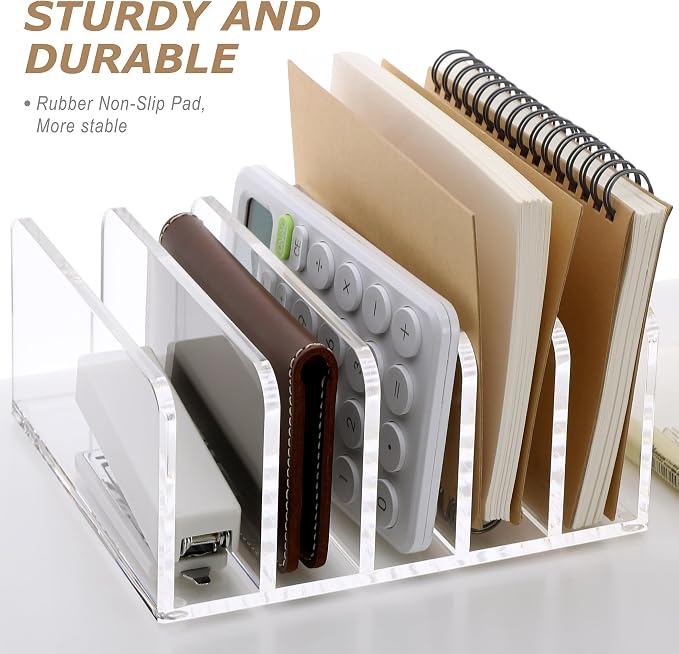 SANRUI Clear Mail Organizer Desk Sorter, Acrylic Letter File Holder 5-Slot | Office Document Mails Storage, Multifunction Letter Folder Racks Holders for Office,Home, School Desk Organization