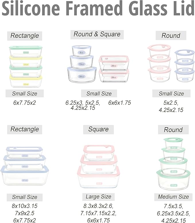 Glass Food Container Set with Glass Lid, 5 Pack, Meal Prep Containers with Silicone Framed Airtight Lid, Leakproof, 100% Plastic Free
