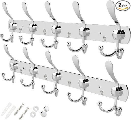 GlazieVault Coat Rack Wall Mount - Stainless Steel Coat Hooks (2 Pack) - Heavy Duty Wall Hooks for Clothes & Accessories (Silver Tri)