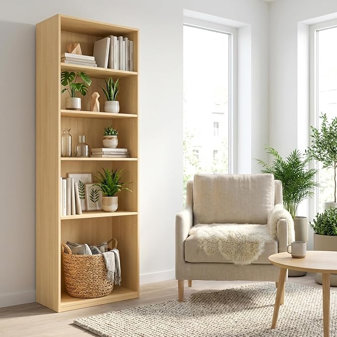 CTESNE【2026 Adjustable Shelves 5-Tier Bookcase, 71 inches, Wooden Open Display Floor Bookshelf (Oak Color)
