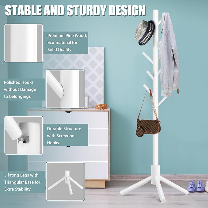Haddockway Wooden Coat Rack Stand with 8 Hooks New Zealand Pine 3 Adjustable Coat Standing Tree Easy Assembly for Coats, Hats, Scarves and Handbags for Entryway, Hallway, Bedroom, Office,2 PCS