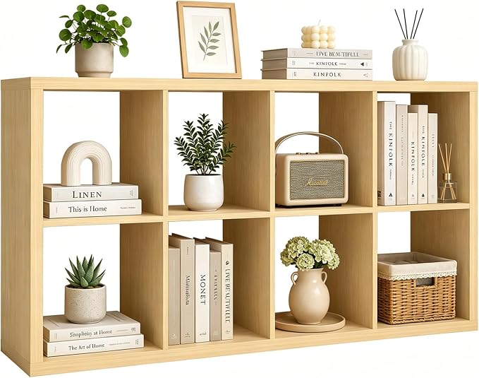 CTESNE【Wooden Thick Frame 8 Cube Storage Organizer Shelf with Anti-Tipping Kits + Reversible Open Back Bookcase, Horizontal and Vertical Dual-use Standing Bookshelf（Oak,13inch）
