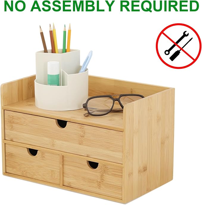 Bamboo Desk Organizer with Drawers, 3-Drawer Desktop Storage Box | 3 Drawers Open Top Tray Fully Assembled Stores Pens, Notes, Makeup, Jewelry & Toiletries for Office, Vanity & Bath