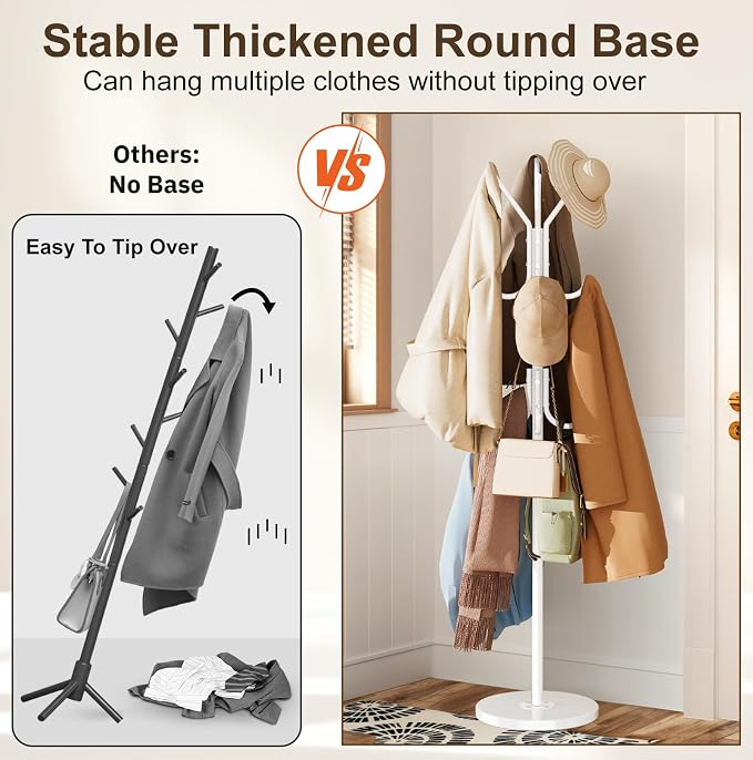 MISSLO Heavy Duty Coat Rack Freestanding with Stable Wood Base Modern Coat Tree with 12 Hooks Adjustable Coats Hanger Stand Stylish Standing Clothes Tree for Entryway Bedroom Corner Hall (White)