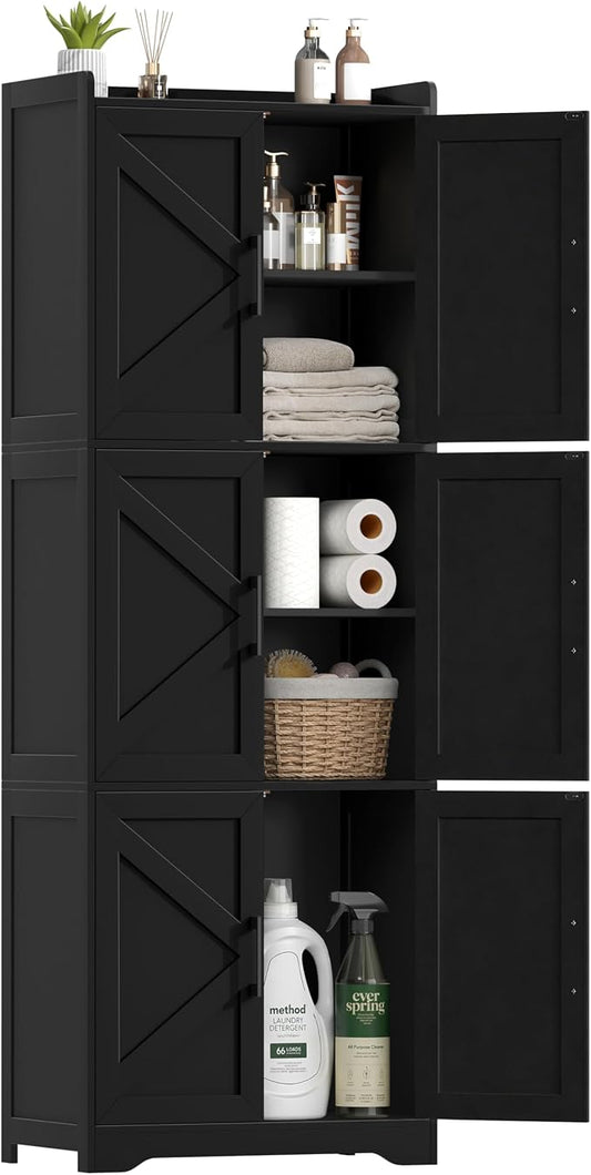Akxomel Tall Bathroom Floor Cabinet with 6 Barn Door 60.2''H Pantry Black | 11.6''D x 22.6''W Linen Storage Cabinet with Adjustable Shelves, for Kitchen, Living Room, Entryway