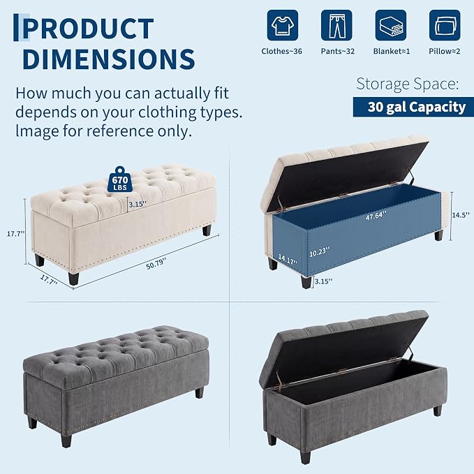 51" Extra Large Storage Ottoman Bench, Supports 660lbs End of Bed Storage Bench with Button-Tufted Upholstery and Safety Close Hinge, Upholstered Bench for Living Room, Bedroom, Entryway - Beige | End of Bed Storage Bench with Button-Tufted Upholstery,...