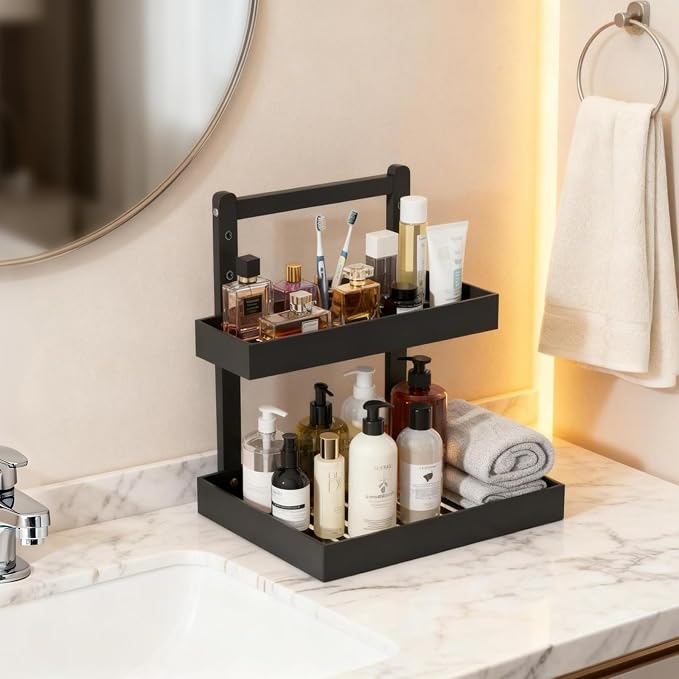 Bamboo Undersink Organizer Storage - 2-Tier Cabinet Shelf with Adjustable Levels, Under Sink Storage Slide Out for Cabinet Pantry Kitchen Bathroom (Black, 2 Packs)