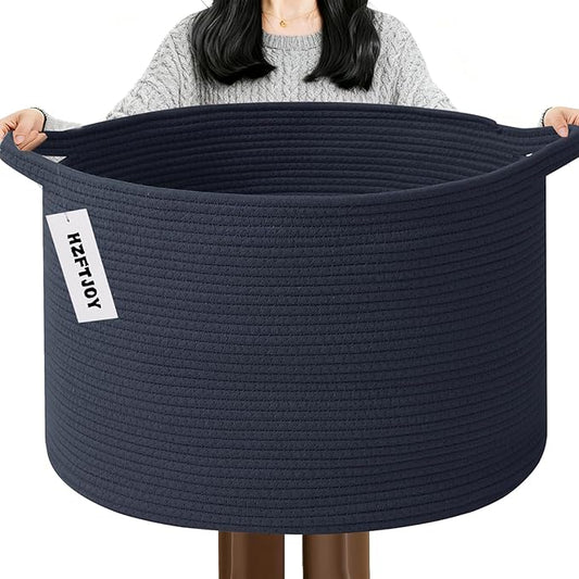 65L Large Blanket Basket,Woven Rope Laundry Basket-Dark Blue | Collapsible, reinforced handles, nursery storage bin organizes clothes, toys and pillows for living room, bedroom bathroom