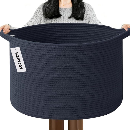 115L Extra Large Woven Cotton Rope Laundry Basket-Navy Blue | Collapsible, reinforced handles, nursery storage bin organizes clothes, toys and pillows for living room, bedroom bathroom