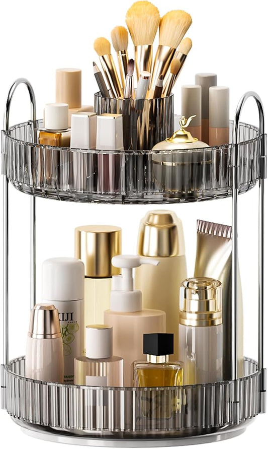 360° Rotating Makeup Organizer, Upgraded 2 Tier Skincare Perfume Organizers for Women, Bathroom Organizer Countertop, Clear Cosmetic Dresser Organizer with Makeup Brush Holder, Sink&Counter(Grey)