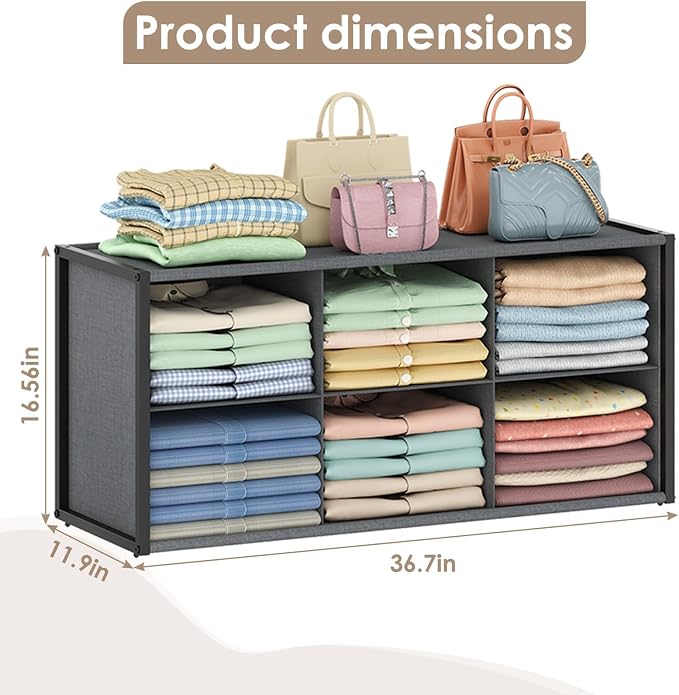 Hongtamoya Stackable Closet Organizer Shelf,6 Cube Bins Storage Basket for Clothes, Handbags Sweaters Jeans Pants Shirt, Space Saving Closet Organizer for Bedroom Wardobe, Closet System-Grey
