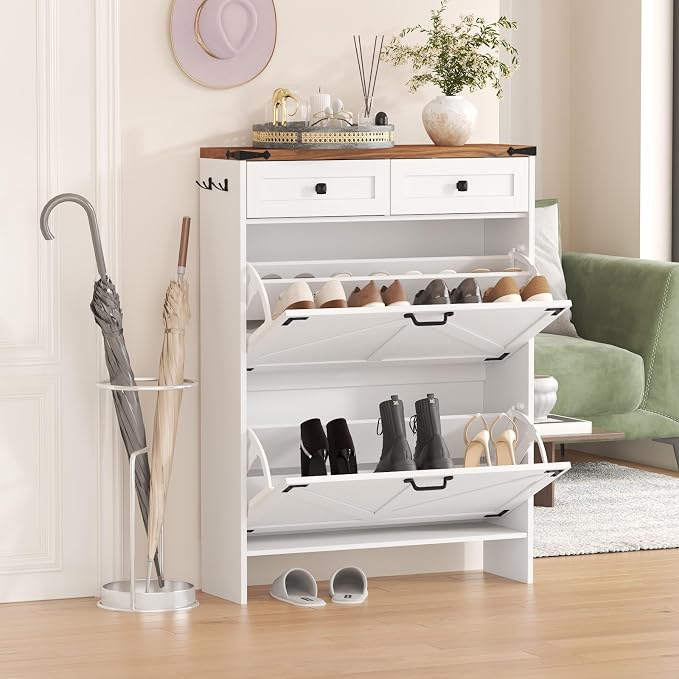 Shoe Cabinet with 2 Flip Drawers, Hidden Shoe Storage Cabinet with 2 Pull-Out Drawers, Farmhouse Shoe Organizer for Entryway, Narrow Shoe Rack for Front Door Entrance, White