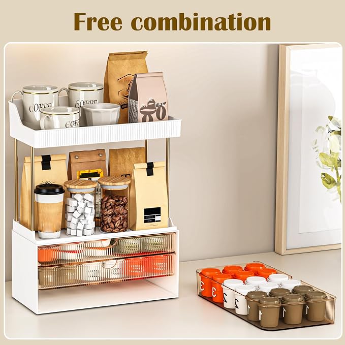 caktraie 3-Drawer 2-Tier Acrylic Makeup & Bathroom Vanity Organizer | Amber,3 smooth drawers, 2 open shelves, dustproof, wipe clean, for large skincare, perfumes, lipsticks, dresser, counter