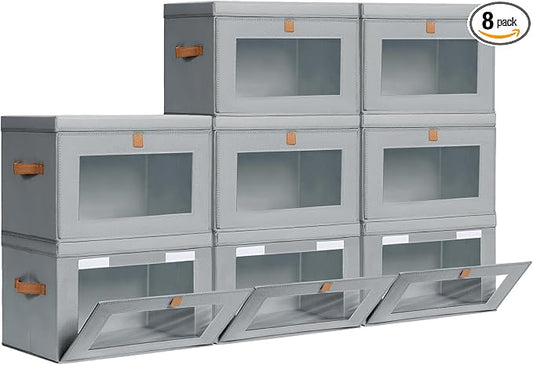 Homsorout Large Closet Storage Bins - Collapsible Storage Bins with Handles & Window, Fabric Cube Organizer with Lids, Decorative Boxes for Living Room, Closet, Dorm, 8 Pack, Grey