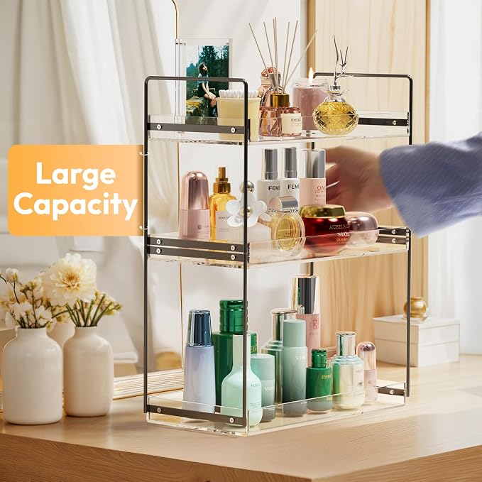NPPLUS 3 Tier Bathroom Counter Organizer Matte Black+Clear Acrylic Vanity | Bathroom Countertop Organizer Under Sink With Acrylic Tray, Home Storage Holder For Makeup Cosmetics Perfume Spice