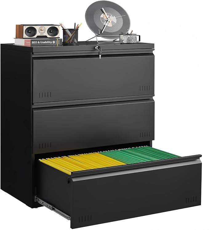 Guizeeopo Metal File Cabinet with Lock, 3 Drawer Lateral File Cabinets for Home Office, Heavy Duty Office Storage Cabinet for A4/Letter/Legal Size, Assembly Required(Black)