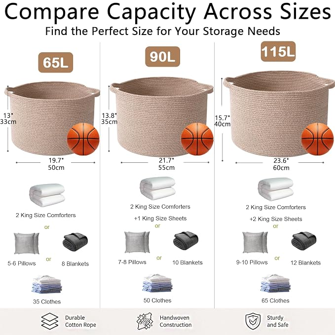 90L Extra Large Blanket Basket,Woven Rope Laundry Basket-Brown | Collapsible, reinforced handles, nursery storage bin organizes clothes, toys and pillows for living room, bedroom bathroom.