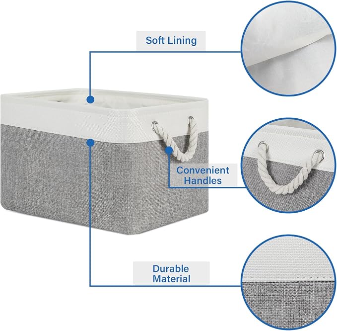 Temary Storage Baskets 4Pack Fabric Storage Bins Clothes Baskets with Rope Handle, Decorative Basket for Gift, Blankets (White&Gray,15x11x9.5 inch)