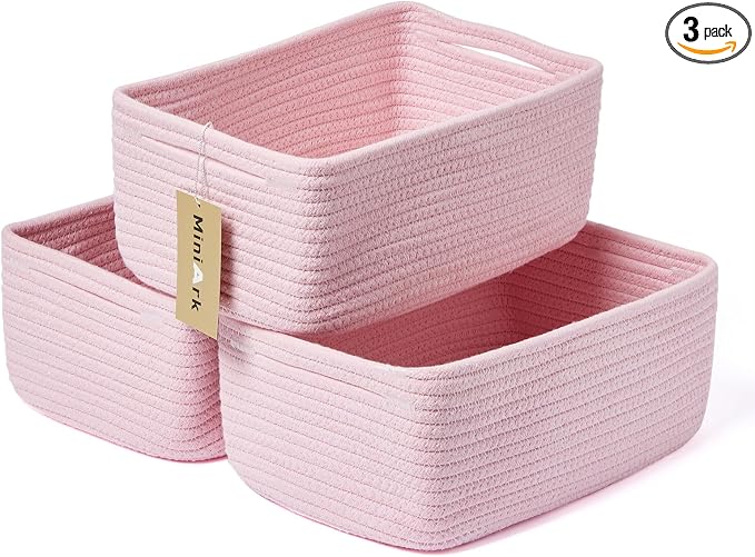 MiniArk Small Storage Baskets for Organizing | Closet Organizer Bins | Shelf Toy Basket | Woven Rope Baskets | Cube Decorative Box | Shallow Basket | 13x8.5x5.1” | 3 Packs Pink