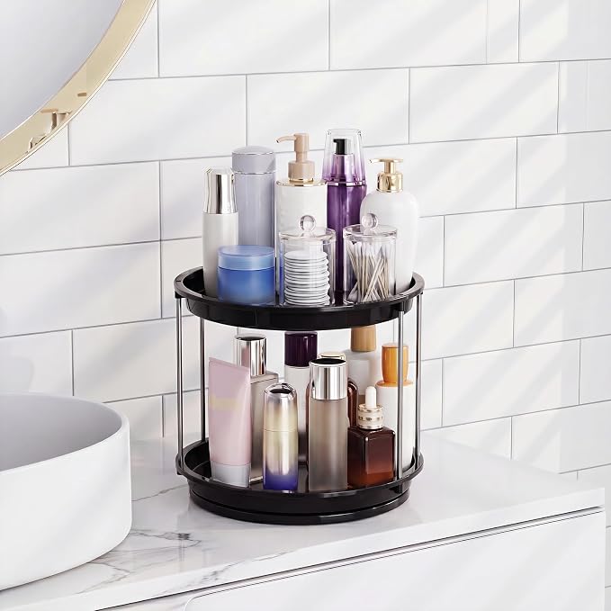 360 Rotating Makeup Organizer for Vanity, 2 Tier Cologne Organizer for Men, Skincare & Perfume Holder for Bathroom Counter, Dresser, Shelf, Cabinet, Black
