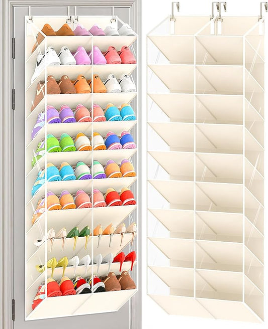 UVIAHOMI 20-30 Pairs Over the Door Shoe Organizer, Clear Pockets Hanging Shoe Storage for Closet, 10-Tier Door Shoes Rack, Handing Shoes Holder Fit All the Family's Sneakers, Boots, Heels, Beige