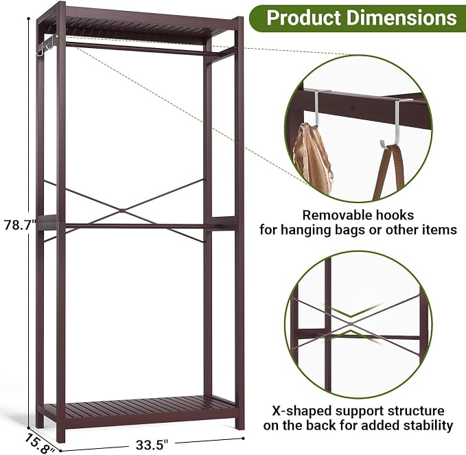 Bamboo Clothes Rack with Shelves and Double Hang Rods, Portable Closet System Garment Rack for Hanging Clothes, Tall Clothing Rack Corner Closet Organizer, Easy to Built, Espresso
