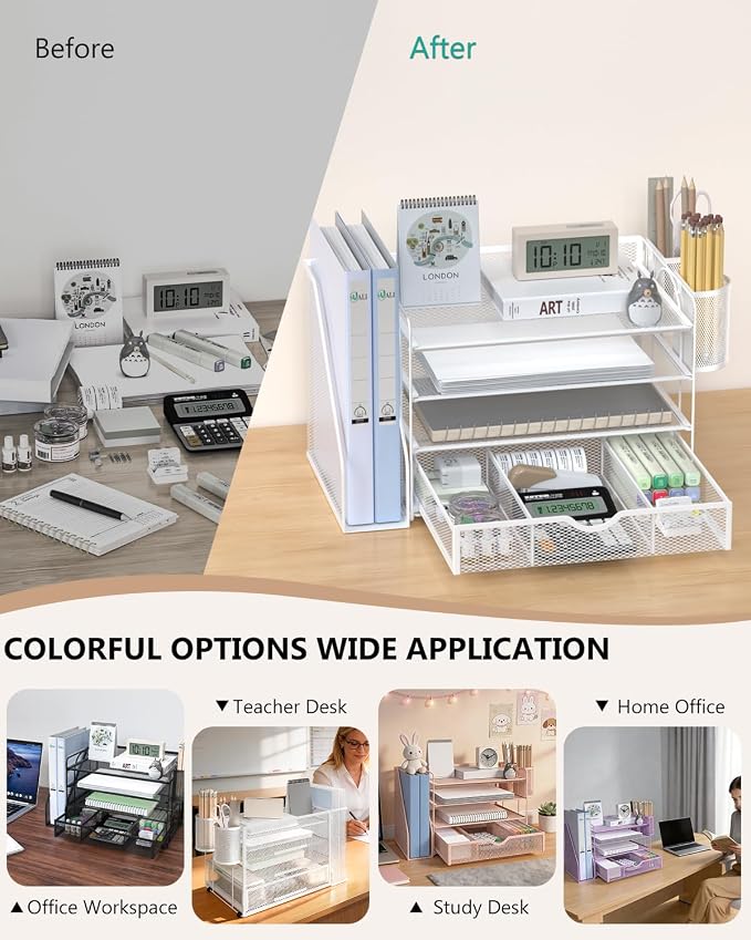 WALI Desk File Organizer, 4 Tier Desktop Paper Letter Tray Organizer with Drawer and 2 Pen Holders, Office Desk Accessories & Workspace Organizers for Office, Home Supplies(DO005DH-W), 1 Pack, White