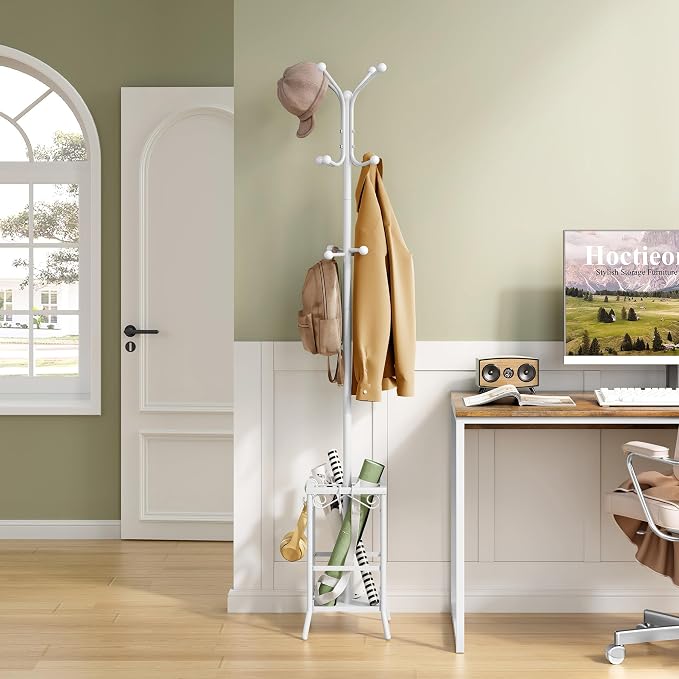Hoctieon Coat Rack Freestanding, Coat Tree with Umbrella Holder, Metal Coat Rack Stand with 12 Hooks, Standing Coat Hanger Stand, Umbrella Stand for Entryway, Hat Rack Stand for Home Office, White | Metal Coat Rack Stand with 12 Hooks, Standing Coat Ha...