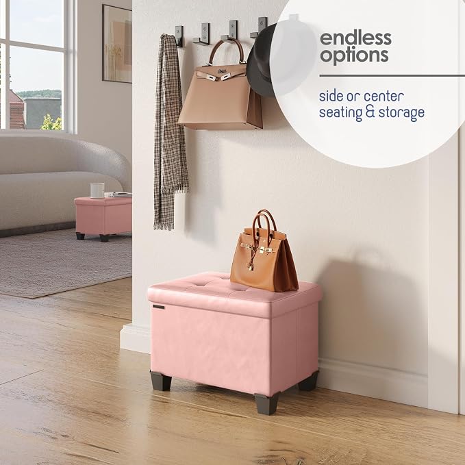 Storage Ottoman Cube with Small Bin, 16-in Square Ottoman with Storage for Living Room and Bedroom, Small Ottomans Foot Rest, Leather Foot Stools Ottomans Max 330lbs, Pink