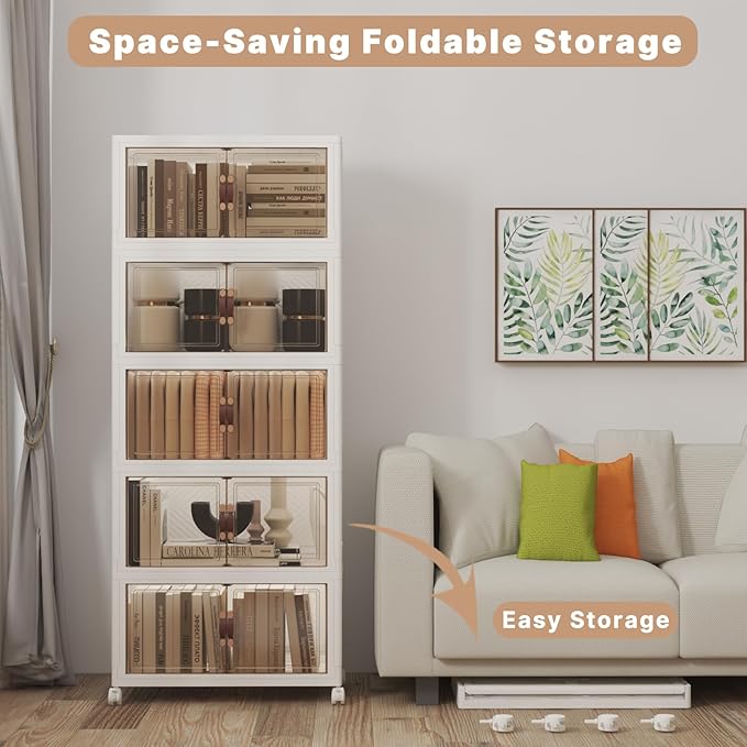 Stackable Storage Bins with Lids, 260QT Closet Organizers and Storage Cabinet with Doors & Wheels, Lockable Plastic Foldable Drawers for Bedroom Dorm Office Garage（52QT*5,White）